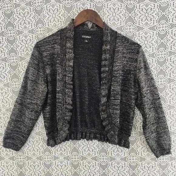 Roz & Ali open front ruffle sweater cardigan black shimmer cropped L - Picture 1 of 7